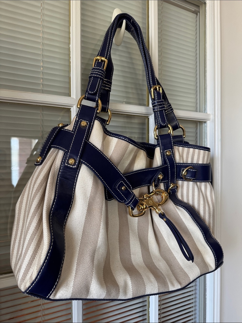 Francesco Biasia Navy and Cream Striped Shoulder Bag